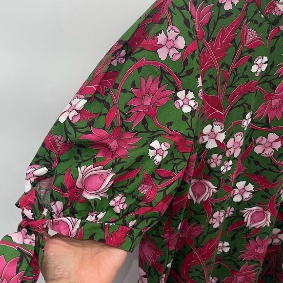 Zara Womens Floral Puff Tie Short Sleeve Cotton Top Pink Green Small - Picture 5 of 9